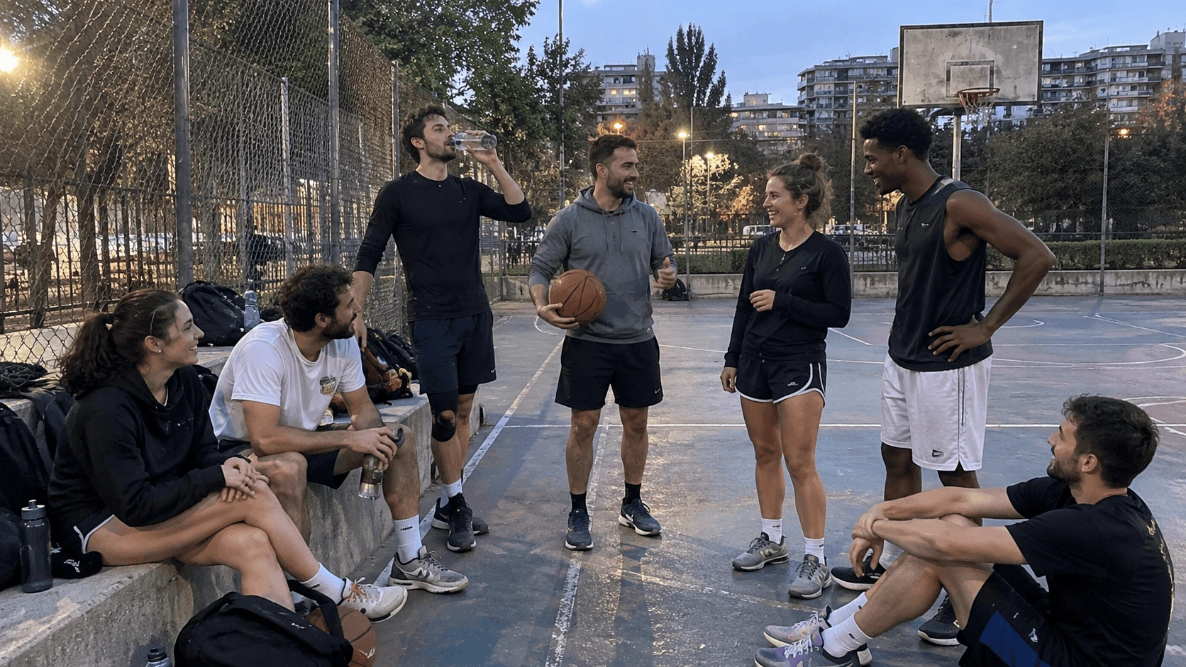 Basketball club members relaxing after a local session