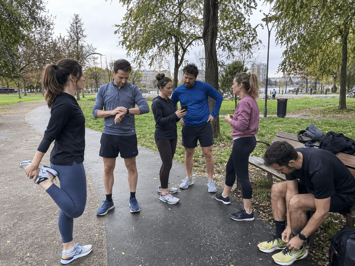 Weekly running club meeting in a city park