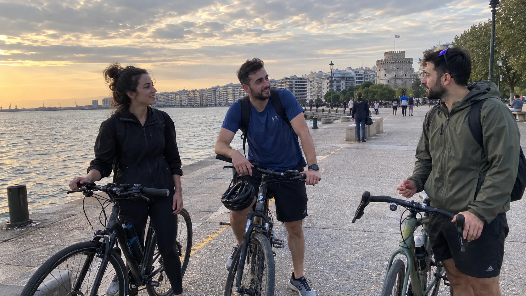Τρεις ποδηλάτες κάνουν στάση κοντά στον Λευκό Πύργο