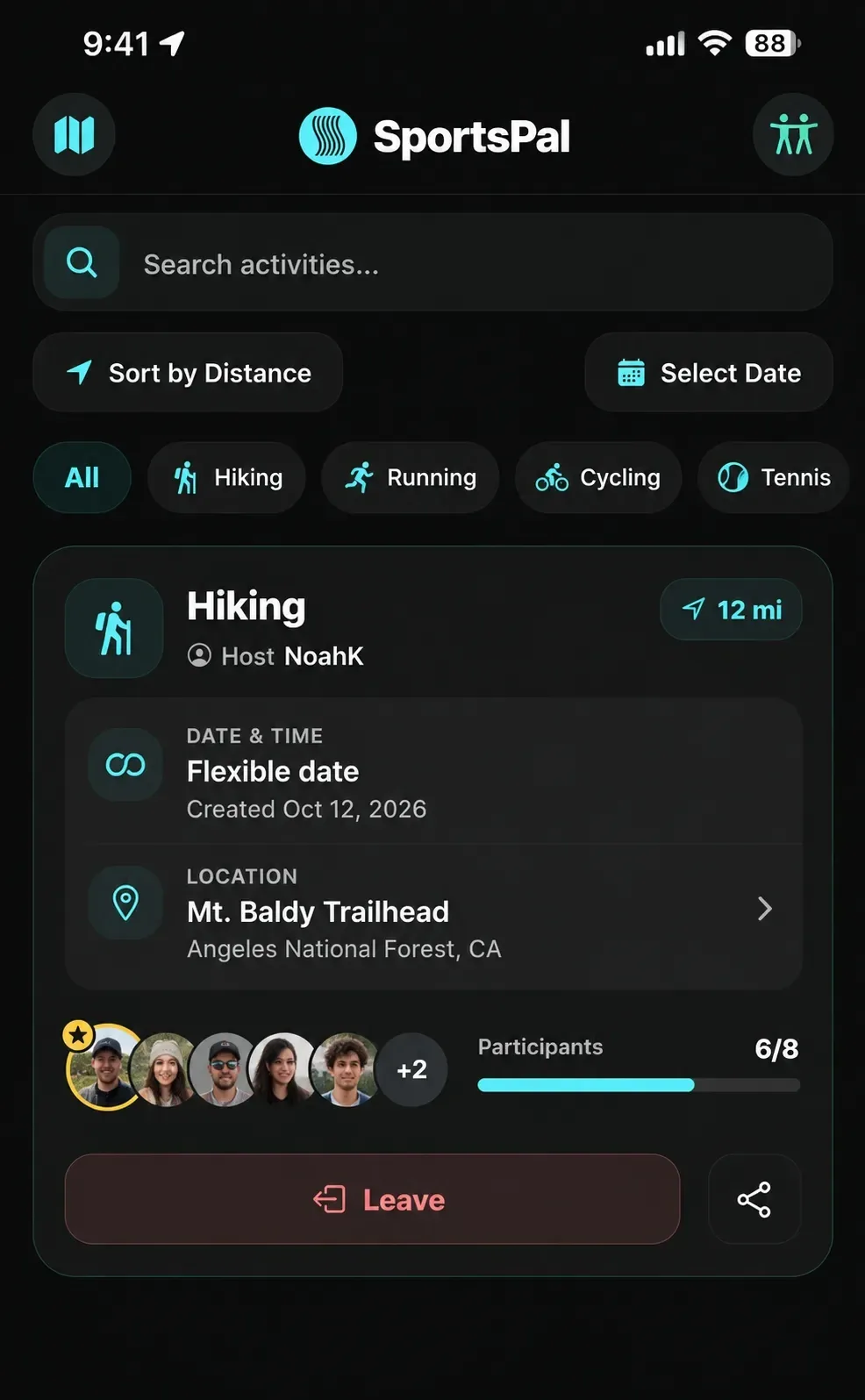 SportsPal discovery screen showing a nearby hiking activity, location, and participants