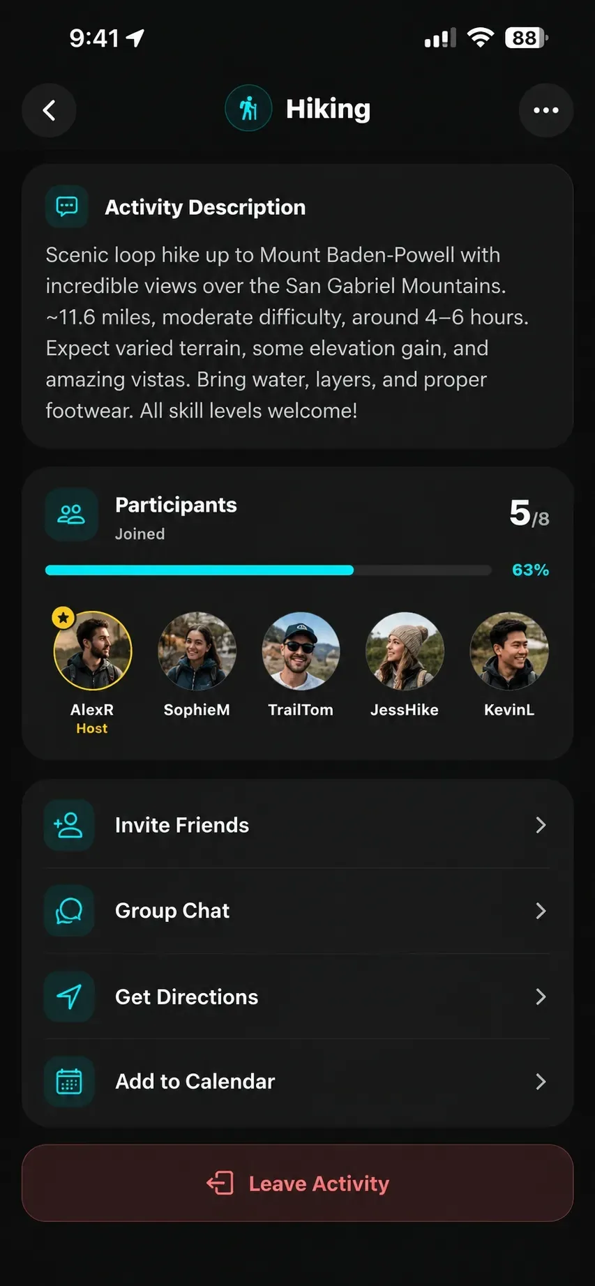 SportsPal hike details with participant list and group chat option
