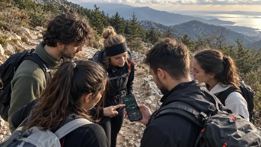 Πεζοπόροι κοιτούν μαζί τη διαδρομή σε κινητό δίπλα στο μονοπάτι