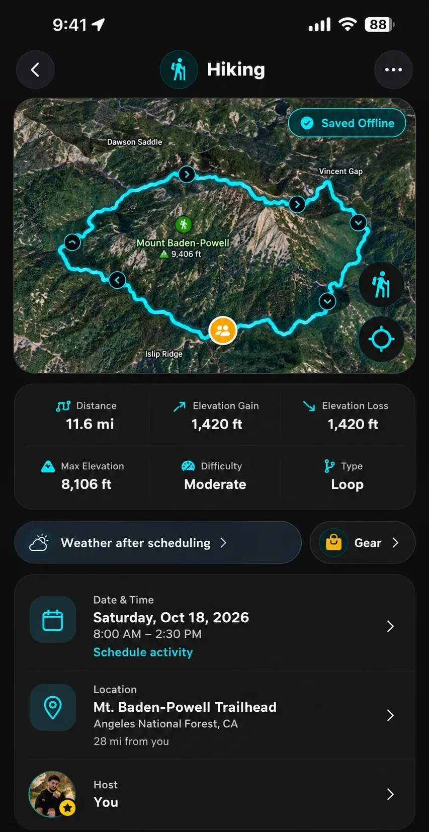 SportsPal hiking activity showing a mapped route, distance, elevation, difficulty, and weather